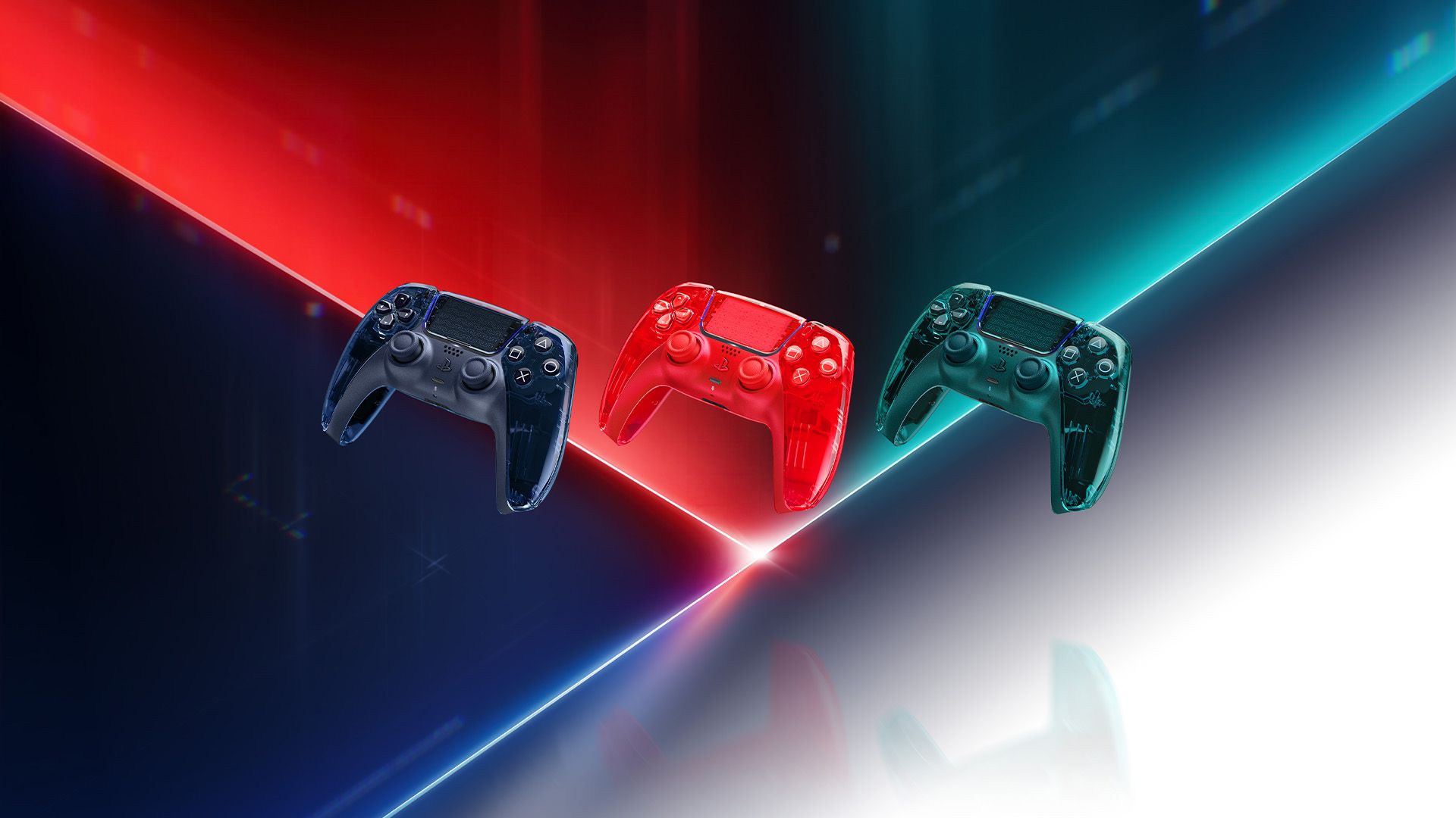 Close-up of a transparent PlayStation 5 controller revealing internal circuits